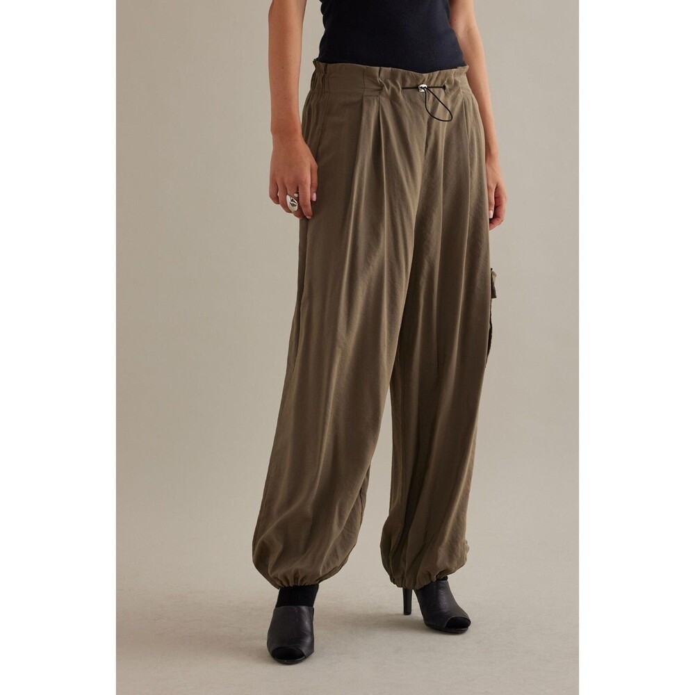 Anthropologie Olive-Taupe Wide-Leg Drawstring Cargo Pants